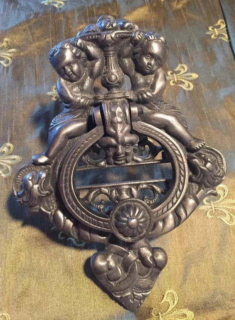 LARGE IRON ANTIQUED GOTHIC Style DOOR KNOCKER / CHERUBS/ GARGOYLE FIGURAL Rococo