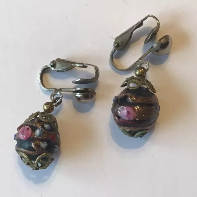 Vintage Black Wedding Cake Glass Bead Dangling Earrings