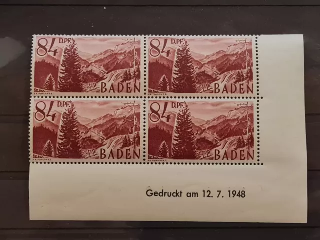 Frz. Zone postfrisch - Baden MiNr 26 Bru - Druckdatum 12.7.1948 vom B-Bogen