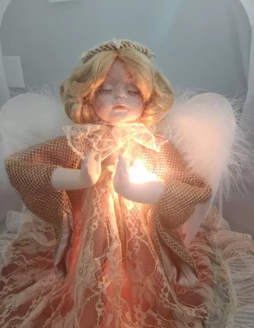 Shabby Chic Angel Porcelain Kneeling Praying Fiber Optic Animated Blonde Peach