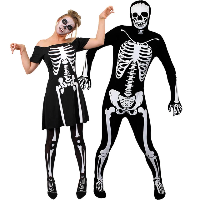 Skeleton Fancy Dress Costume Mens Skinsuit Ladies Skater Dress Halloween