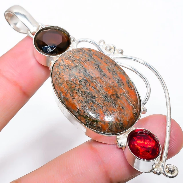 Unakite, Garnet Gemstone Handmade 925 Sterling Silver Jewelry Pendant 3.15"