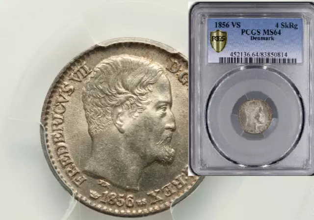 Denmark 1856 : Frederik VII 4 Skilling Rigsmont 1856-VS MS 64 PCGS TOP 2