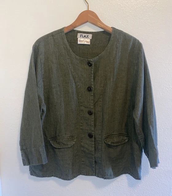 FLAX Olive Green 100% Linen Long  Sleeve Blouse 3/4 Sleeve Pockets Medium