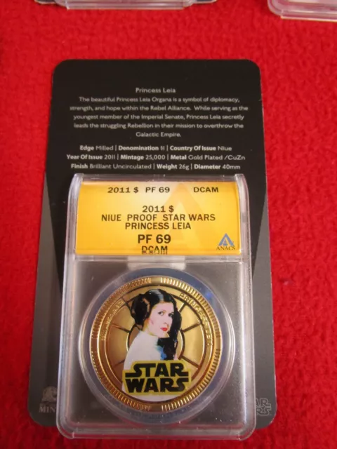 2011 Niue $1 Silver Plated Star Wars Princess Leia ANACS PF69 Disney ngc w/ COA!