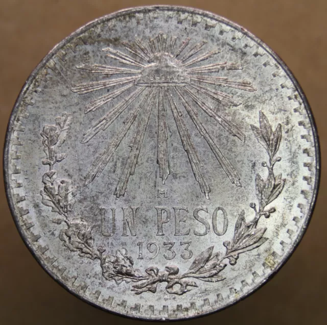 1933 Mexico Mexican Un Peso Silver Coin - Clear Lustrous BU - HLK Coins