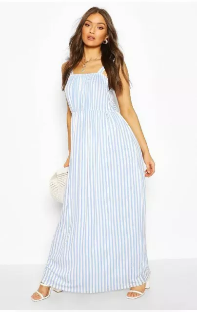 Boohoo Jersey Maxi Dress Stripe Holiday blue white UK 6 8 10 12 Beach