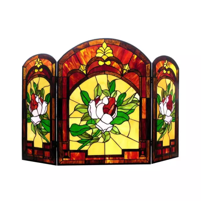 Tiffany Style Stained Glass 3-Panel Fireplace Screen Floral Theme Roses