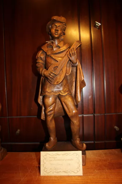 Antique 20.4" Wood Hand Carved German Medieval Musician Troubadour Statue Figure
