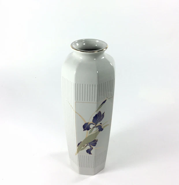 Vintage OTAGIRI Grand Iris Flower Vase White Blue Gold Ceramic Decorative Vase