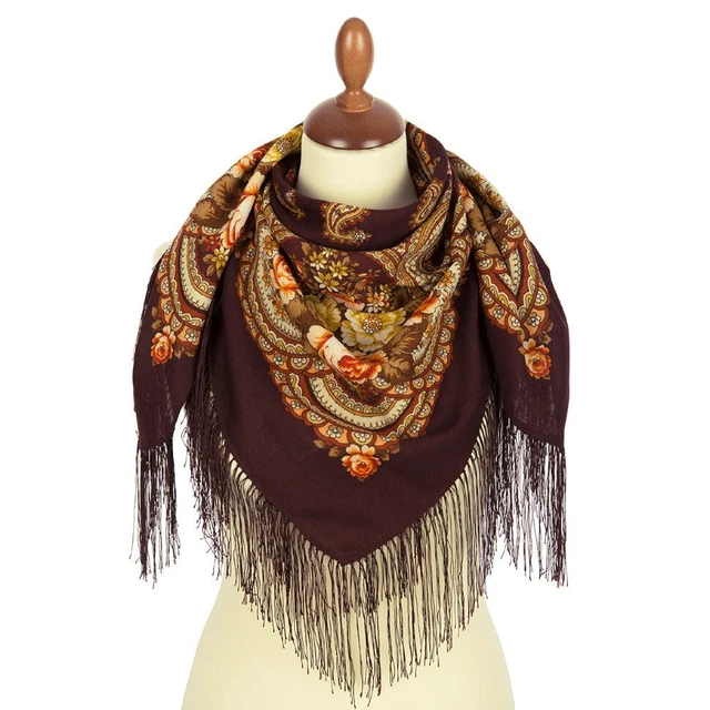 Châle / Foulard Russe Pavlovo-Posad - Laine Noire Motif Floral - Neuf Avec Étiquettes - Fabriqué En Russie
