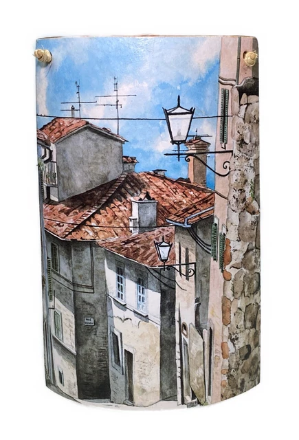 8” Curved Terracotta Roof Tile Painted European City Street Village Art Plaque