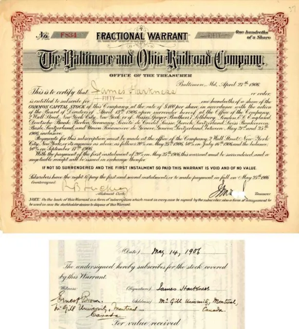 Baltimore and Ohio Railroad Co. Issued to/Signed by James Harkness - 1906 dated