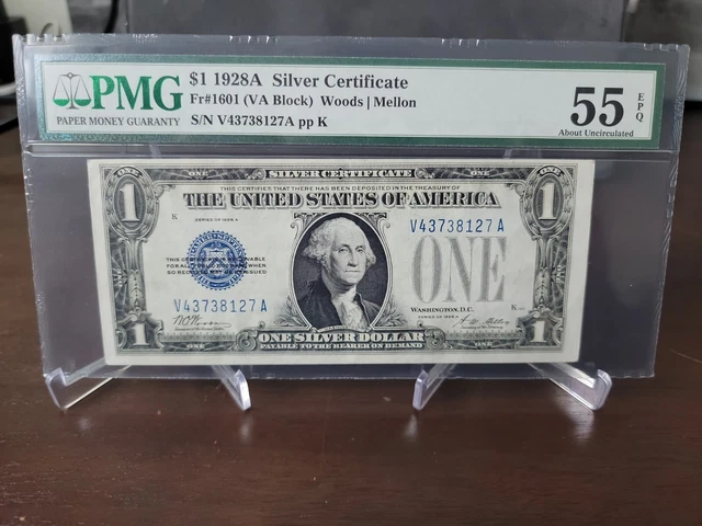 1928 A $1 Silver Certificate  Fr.1601 (Va Block) Pmg Au 55 Epq