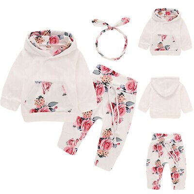 3Pcs Toddler Baby Girl Winter Outfits Clothes Floral Hoodie Tops+Pants+Headband