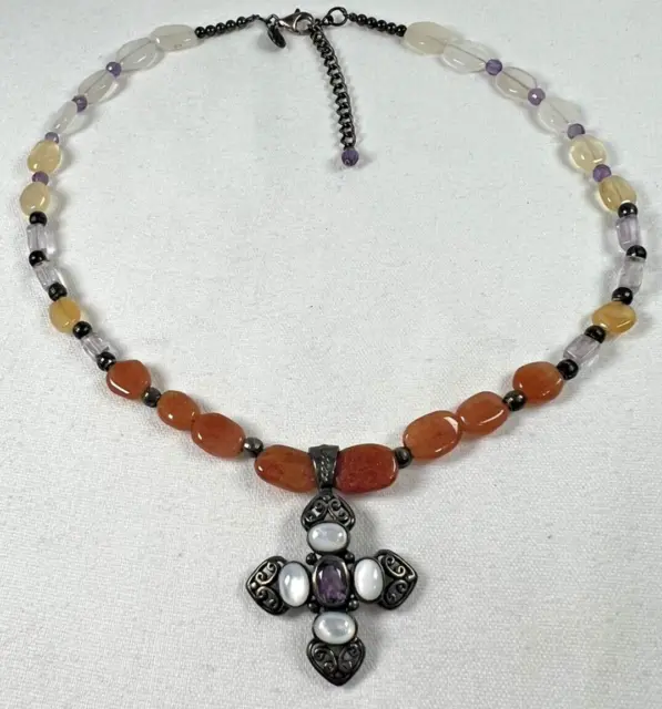 Sterling Siver Amethyst Maltese Cross Gemstone Beaded Necklace Signed 925 K Thai