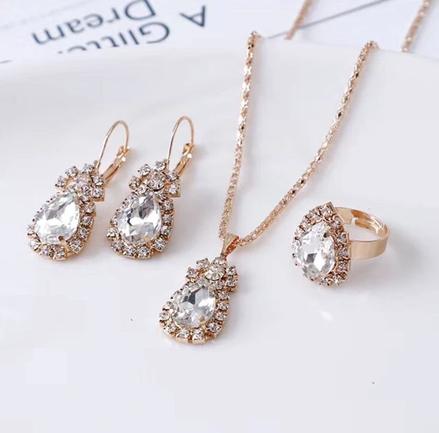 Crystal Rhinestone Drop Earrings Pendant Necklace Adjust Ring Jewellery Gift Set