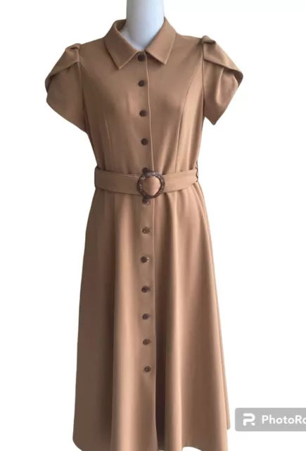 Calvin Klein Tan Button Up Dress A-Line Collar Short Sleeve Belted Midi Ladies 2