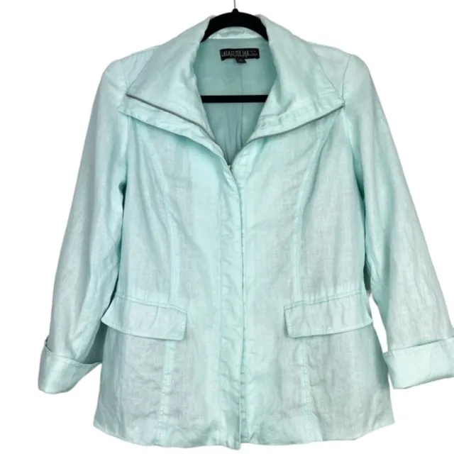 Lafayette 148 Womens Linen Zip Up Blazer Jacket Sz 4P Petite Shimmer Aqua