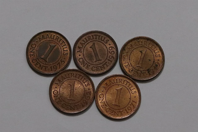 🧭 🇲🇺 Mauritius 1 Cent Lot - 5 Coins High Grade B63 #2 Ggg21