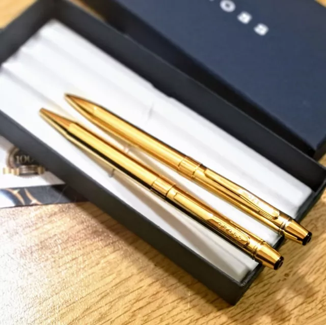 24k Gold Plated Shiny Cross Century Ball Point Writing & Pencil Set Ink Gift