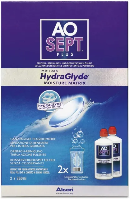 AOsept Plus mit Hydraglyde Kontaktlinsenflegemittel, Vorratspackung , 2 x 360 ml