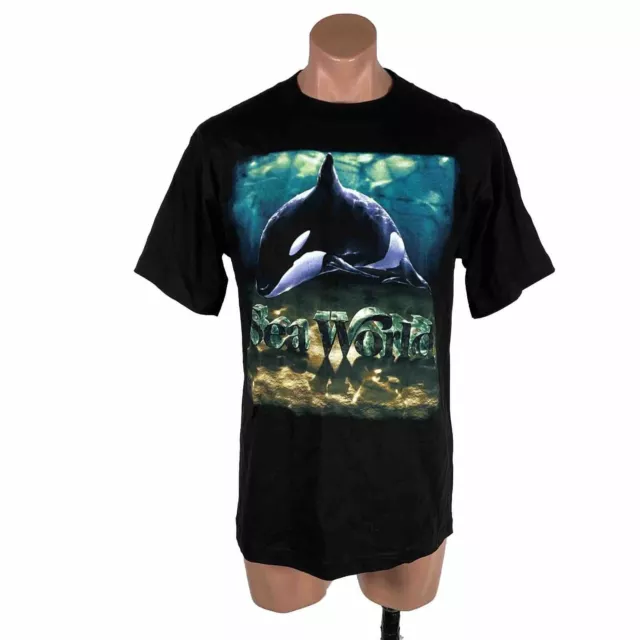 NWOT Vtg 90s SEA WORLD ORCA KILLER WHALE theme park SHAMU T-shirt L Black