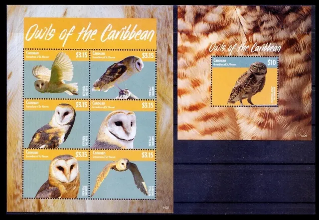Birds of Prey, Owls of Caribbean, St. Vincent 2014 MNH 2 SS Set