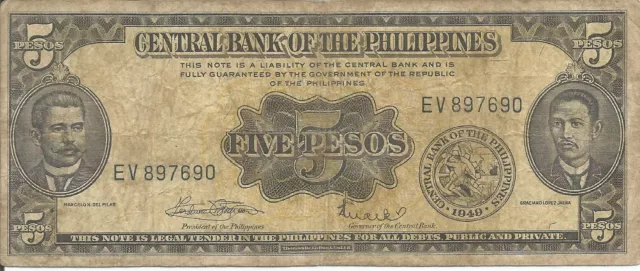 Central Bank of the Philippines 5 Pesos 1949 CIR. Banknote # 111