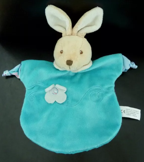 F5. Doudou Marionnette Sidj Lapin Beige Bleu Vert Fleur Blanc - Etat Neuf*