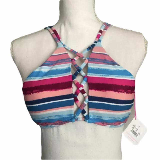 Vanilla Beach XS Small XL Swim Top High Neck Lace Up Pink Blue Strappy #SQ10