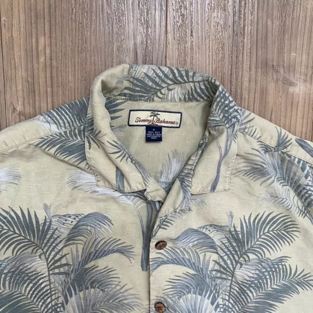 Tommy Bahama Hawaiian Palm Trees Mens Button Up Size M Greens&Tans Tropical Silk