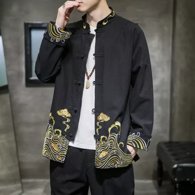 Mens Chinese Style Embroidered Jacket Cotton Linen Tang Suit Tops Streetwear