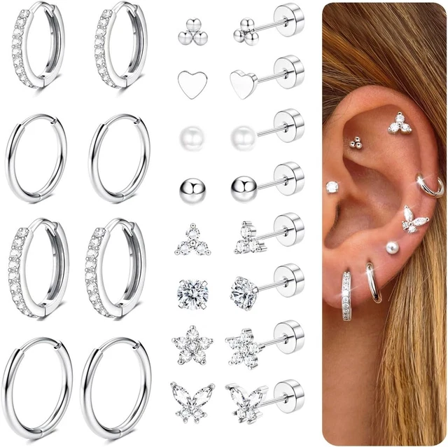 Nelytiya Set 12 Pezzi Piercing Orecchio – Acciaio Inossidabile Chirurgico – Flatback, Helix, Conch, Cerchi – Oro E Argento