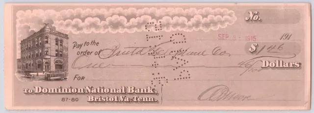 1915 Dominion National Bank Check to Telephone Company~Bristol VA, TN~Antique