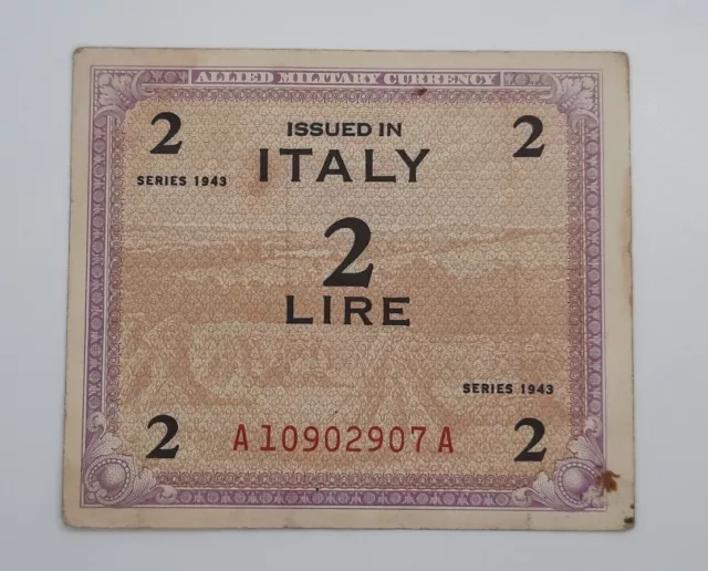 1943 -  Allied Military Currency, ITALY - 2 Lire Banknote, Bill No. A 10902907 A