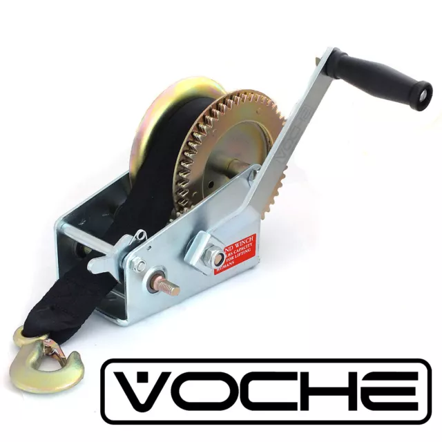 Hand Winch + 8m Webbing Strap + Hook - Voche 2000lb Manual Boat Marine Trailer