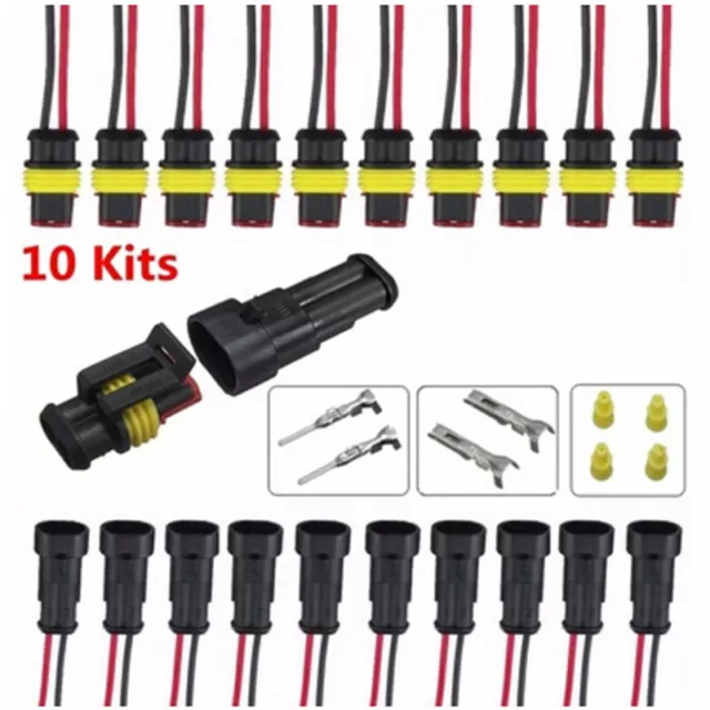 10 Kits 2 Pin Way Sealed Waterproof Electrical Wire Connector Plug Car Auto Set.