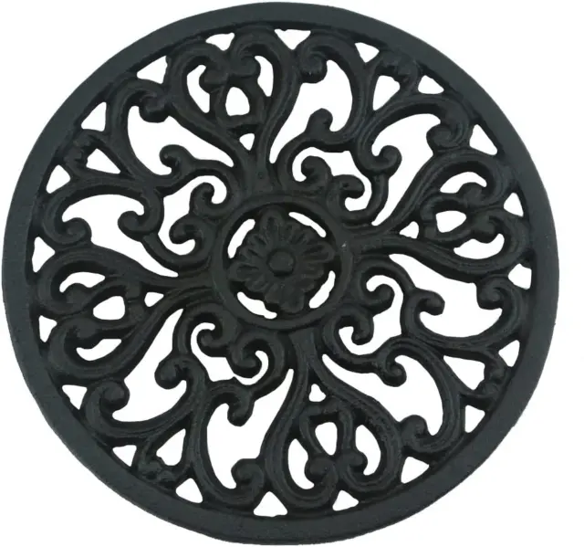 6.6" Diameter Decorative Cast Iron round Trivet with Vintage Pattern for Rustic