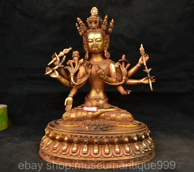 13.6" Chinese Bronze Gilt Buddhism Multi armed Guan Yin Goddess Buddha Statue
