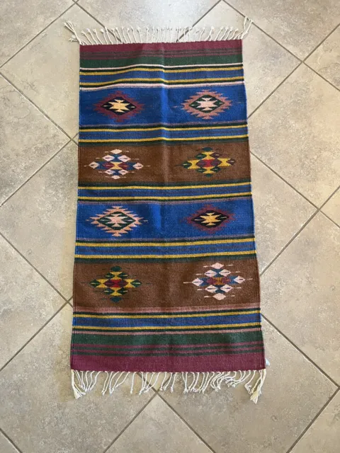 Vintage Wool Woven Mexican Blanket  Serape Runner 58”x30” Fringe Multi Color Rug