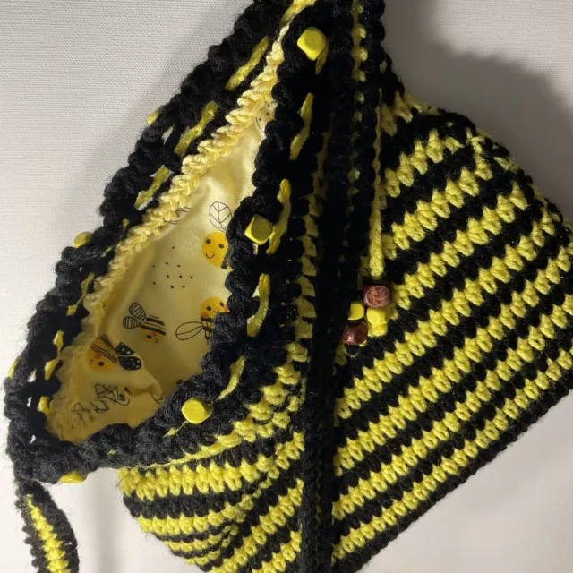 HOOKYLOOPS Hand Crochet Purse Tote XBODY Yellow Black Bumble Bee Rev Bead Lg USA