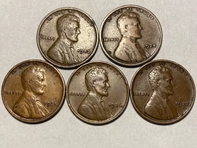 1923-P 1924-P 1925-P 1926-P 1927-P Lincoln Wheat Cent Penny Bundle Lot Of 5 F-AU
