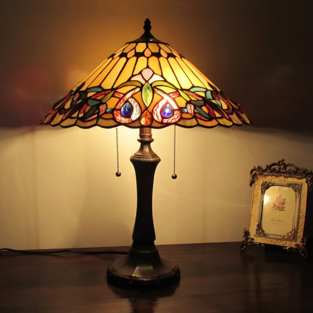 Tiffany Style Table Lamp Victorian Vintage Vibe Living Rm Brown Blue Cream Tones