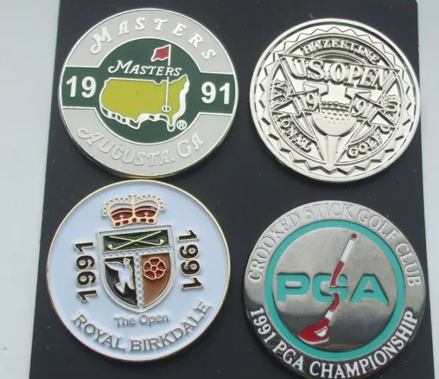 Set 4 Majors 1991 Golf ball markers (1 inch flat) MASTERS, etc FREE POSTAGE UK