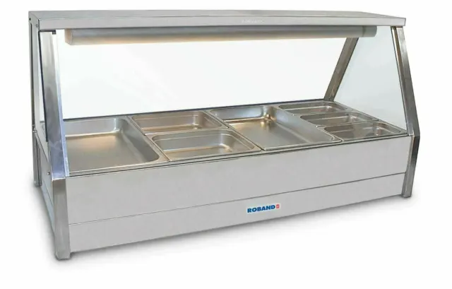 Roband Straight Glass Hot Food Display Bar, 8 pans double row with roller doors