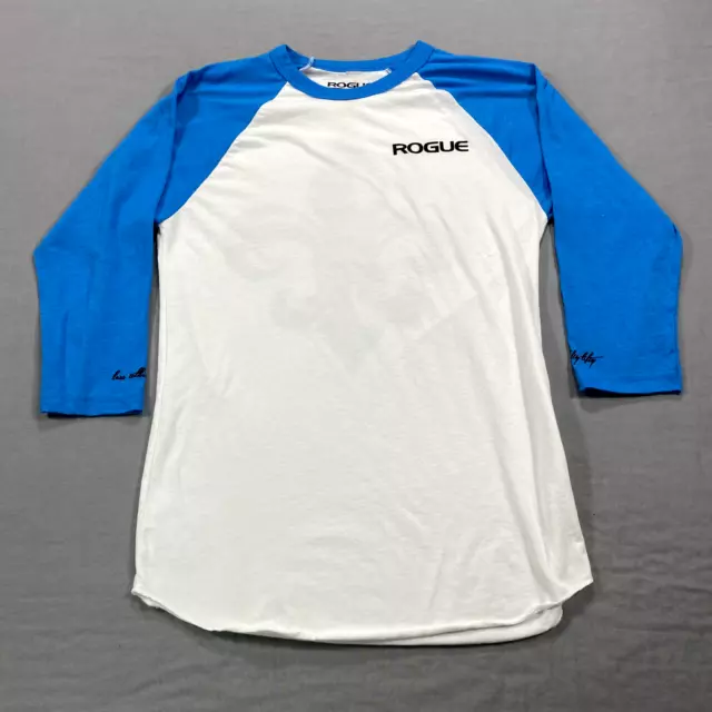 Rogue Fitness Shirt Adult Small Whit Blue Raglan 3/4 Sleeve More Lifty Mens