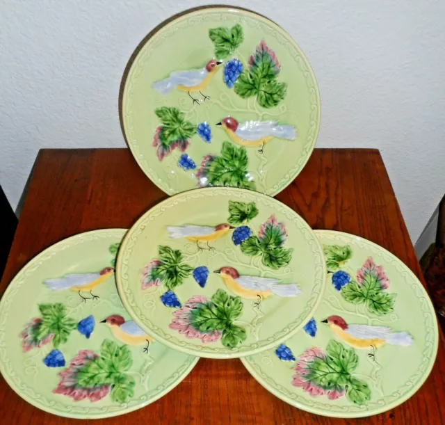 Majolica W. Germany G.S. Zell Glazed Pottery 4 Plates Birds Perched Grape Vines