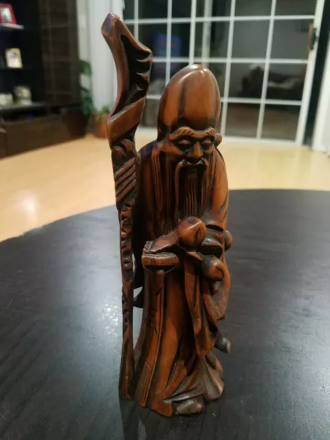 VTG  19th C. Chinese hand carved wood "Immortal" Figurine Pomegranates and Staff