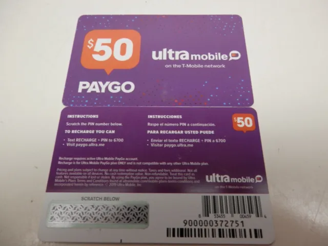 Ultra Mobile PAYGO Prepaid $50 Refill Top-Up RECHARGE Card